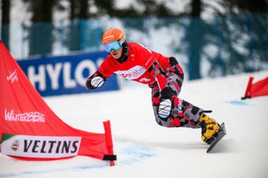 WINTERBERG, GERMANY - 15 MARCH, 2025: PINK Matthaeus - VISA FIS Snowboard Alpine World Cup Winterberg 2025 at Poppenberg. For editorial use only. clipart