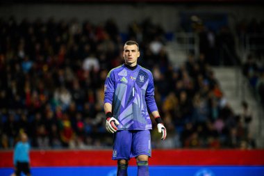 GENK, BELGIUM - 23 Mart 2025: Andriy Lunin - UEFA Uluslar Ligi Belçika Futbol Maçı - Cegeka Arena 'da Ukrayna.