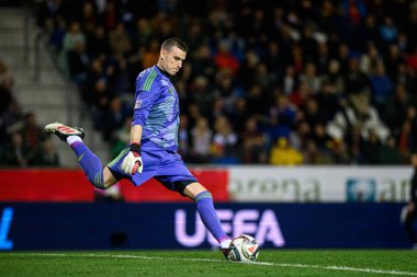 GENK, BELGIUM - 23 Mart 2025: Andriy Lunin - UEFA Uluslar Ligi Belçika Futbol Maçı - Cegeka Arena 'da Ukrayna.