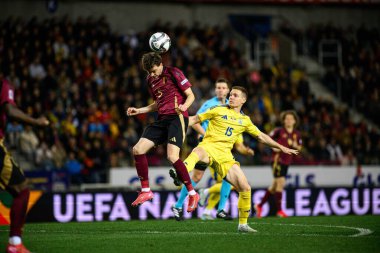 GENK, BELGIUM - 23 Mart 2025: Maxim De Cuyper - UEFA Uluslar Ligi Belçika Futbol Maçı - Cegeka Arena 'da Ukrayna.