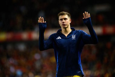 GENK, BELGIUM - 23 Mart 2025: Mykola Matviyenko - UEFA Uluslar Ligi Belçika - Cegeka Arena 'da Ukrayna.