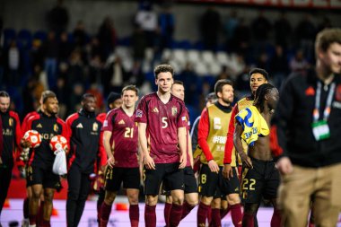 GENK, BELGIUM - 23 Mart 2025: Maxim De Cuyper - UEFA Uluslar Ligi Belçika Futbol Maçı - Cegeka Arena 'da Ukrayna.