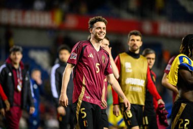 GENK, BELGIUM - 23 Mart 2025: Maxim De Cuyper - UEFA Uluslar Ligi Belçika Futbol Maçı - Cegeka Arena 'da Ukrayna.
