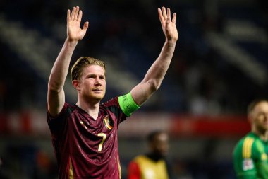 GENK, BELGIUM - 23 Mart 2025: Kevin De Bruyne - UEFA Uluslar Ligi Belçika Futbol Maçı - Cegeka Arena 'da Ukrayna.