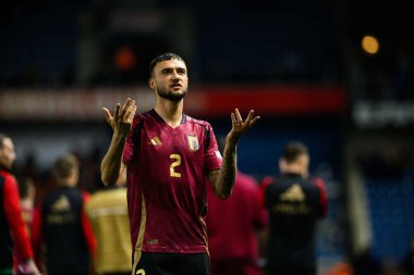 GENK, BELGIUM - 23 Mart 2025: Zeno Debast - UEFA Uluslar Ligi Belçika Futbol Maçı - Cegeka Arena 'da Ukrayna.