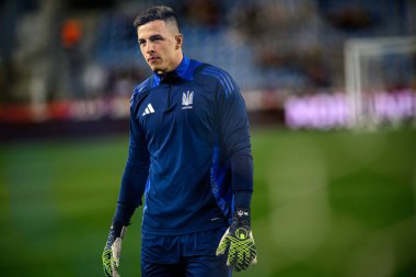 GENK, BELGIUM - 23 Mart 2025: Anatoliy Trubin - UEFA Uluslar Ligi Belçika Futbol Maçı - Cegeka Arena 'da Ukrayna.