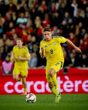 GENK, BELGIUM - 23 Mart 2025: Georgiy Sudakov - UEFA Uluslar Ligi Belçika Futbol Maçı - Cegeka Arena 'da Ukrayna.