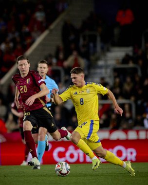 GENK, BELGIUM - 23 Mart 2025: Georgiy Sudakov - UEFA Uluslar Ligi Belçika Futbol Maçı - Cegeka Arena 'da Ukrayna.