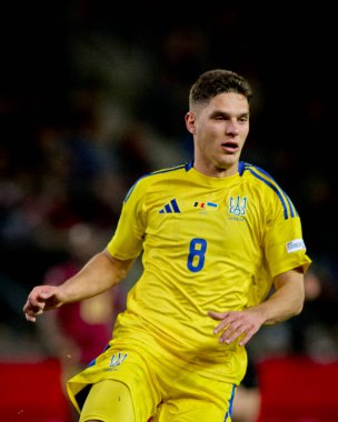 GENK, BELGIUM - 23 Mart 2025: Georgiy Sudakov - UEFA Uluslar Ligi Belçika Futbol Maçı - Cegeka Arena 'da Ukrayna.