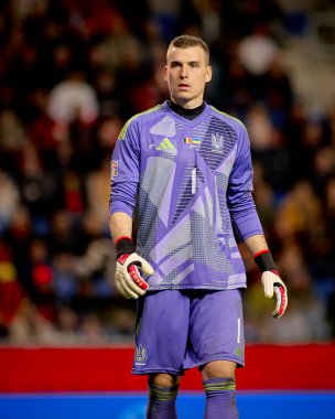 GENK, BELGIUM - 23 Mart 2025: Andriy Lunin - UEFA Uluslar Ligi Belçika Futbol Maçı - Cegeka Arena 'da Ukrayna.