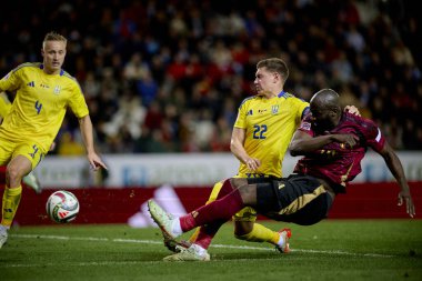 GENK, BELGIUM - 23 Mart 2025: Mykola Matviyenko, Romelu Lukaku - UEFA Milletler Ligi Belçika - Cegeka Arena 'da Ukrayna.