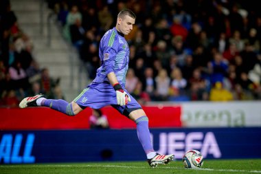 GENK, BELGIUM - 23 Mart 2025: Andriy Lunin - UEFA Uluslar Ligi Belçika Futbol Maçı - Cegeka Arena 'da Ukrayna.