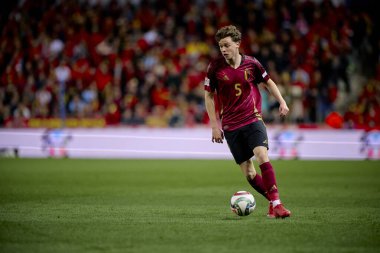 GENK, BELGIUM - 23 Mart 2025: Maxim De Cuyper - UEFA Uluslar Ligi Belçika Futbol Maçı - Cegeka Arena 'da Ukrayna.
