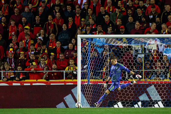 GENK, BELGIUM - 23 Mart 2025: Andriy Lunin - UEFA Uluslar Ligi Belçika Futbol Maçı - Cegeka Arena 'da Ukrayna.