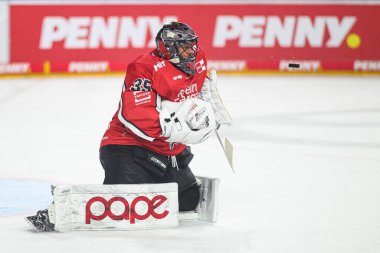 COLOGNE, Almanya - 14 Nisan 2025: Julius Hudacek - Hokey play-off maçı DeL KOELNER HAIE - ERC INGOLSTADT at Lanxess Arena. Sadece yazı işleri için. Satmak veya dağıtmak yasaktır.