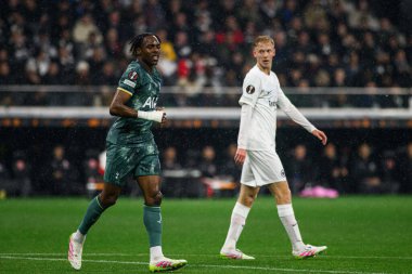 FRANKFURT, GERMANY - 17 APRIL, 2025: Mathys Tel, Hugo Larsson - Eintracht Frankfurt Tottenham Hotspur F.C. Deutsche Bank Park 'ta..
