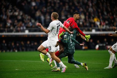 FRANKFURT, GERMANY - 17 APRIL, 2025: Kaua Santos, James Maddison - Eintracht Frankfurt Tottenham Hotspur F.C. Deutsche Bank Park 'ta..