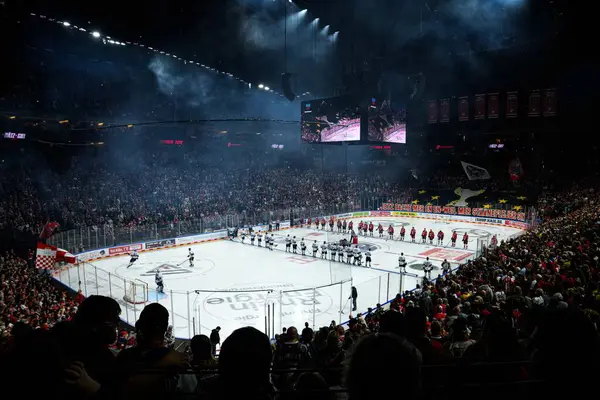 COLOGNE, Almanya - 19 Nisan 2025: Fan desteği ve koreo - Hokey play-off maçı DeL KOELNER HAIE - Lanxess Arena 'da EISBAEREN BERLIN. Sadece yazı işleri için. Satmak veya dağıtmak yasaktır.