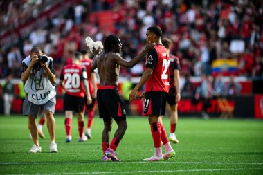 LEVERKUSEN, GERMANY - 26 APRIL, 2025: Jeremie Frimpong, Amine Adli - Bayer 04 Leverkusen-FC Augsburg maçı Bayena 'da.
