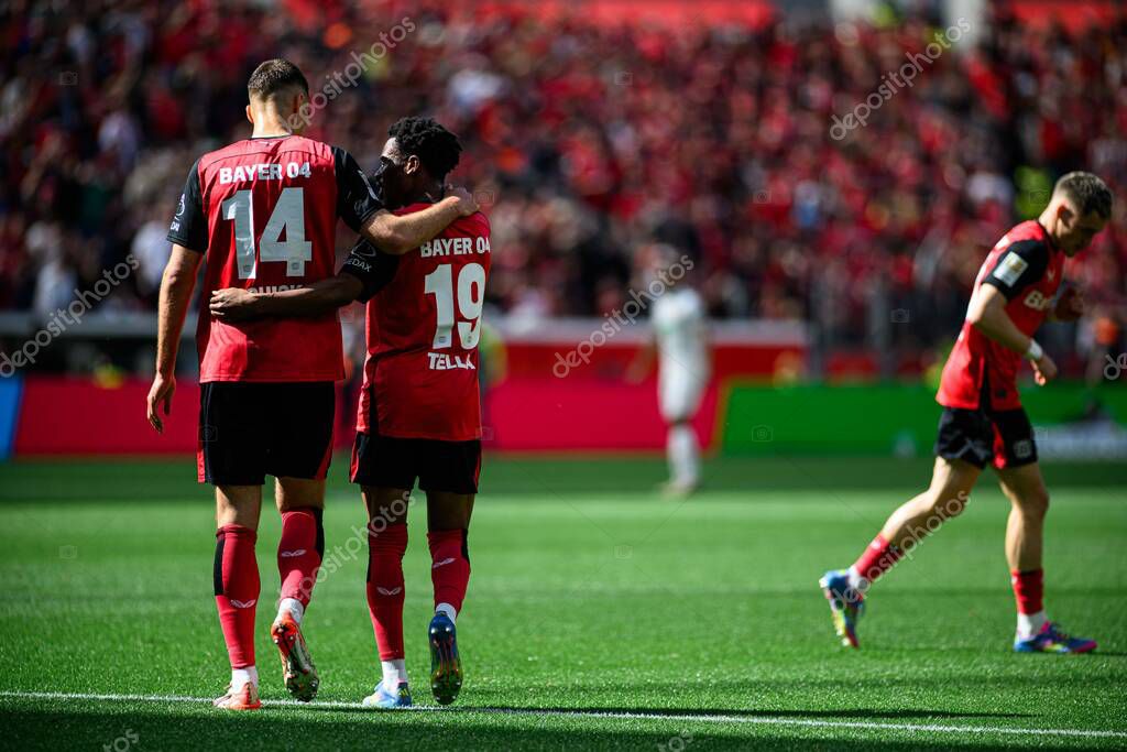 LEVERKUSEN, GERMANY - 26 APRIL, 2025:  Nathan Tella Patrik Schick, - The Bundesliga match Bayer 04 Leverkusen vs FC Augsburg at BayArena.