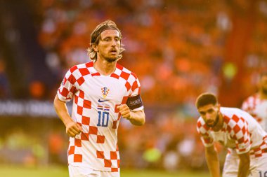 ROTTERDAM, NETHERLANDS - 14 Haziran 2023: Luka Modric - UEFA Uluslar Ligi Finalleri. Yarı final Hollanda - Hırvatistan De Kuip 'te