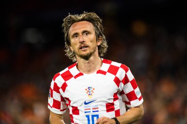 ROTTERDAM, NETHERLANDS - 14 Haziran 2023: Luka Modric - UEFA Uluslar Ligi Finalleri. Yarı final Hollanda - Hırvatistan De Kuip 'te
