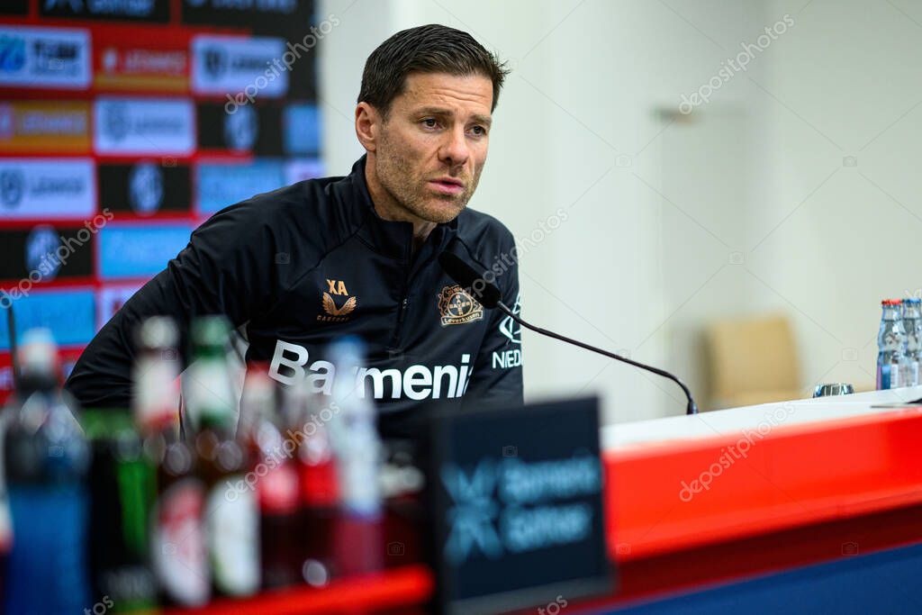 LEVERKUSEN, GERMANY - 2 MAY, 2025: Xabi Alonso - pre match press conference. The Bundesliga match Bayer 04 Leverkusen vs Freiburg