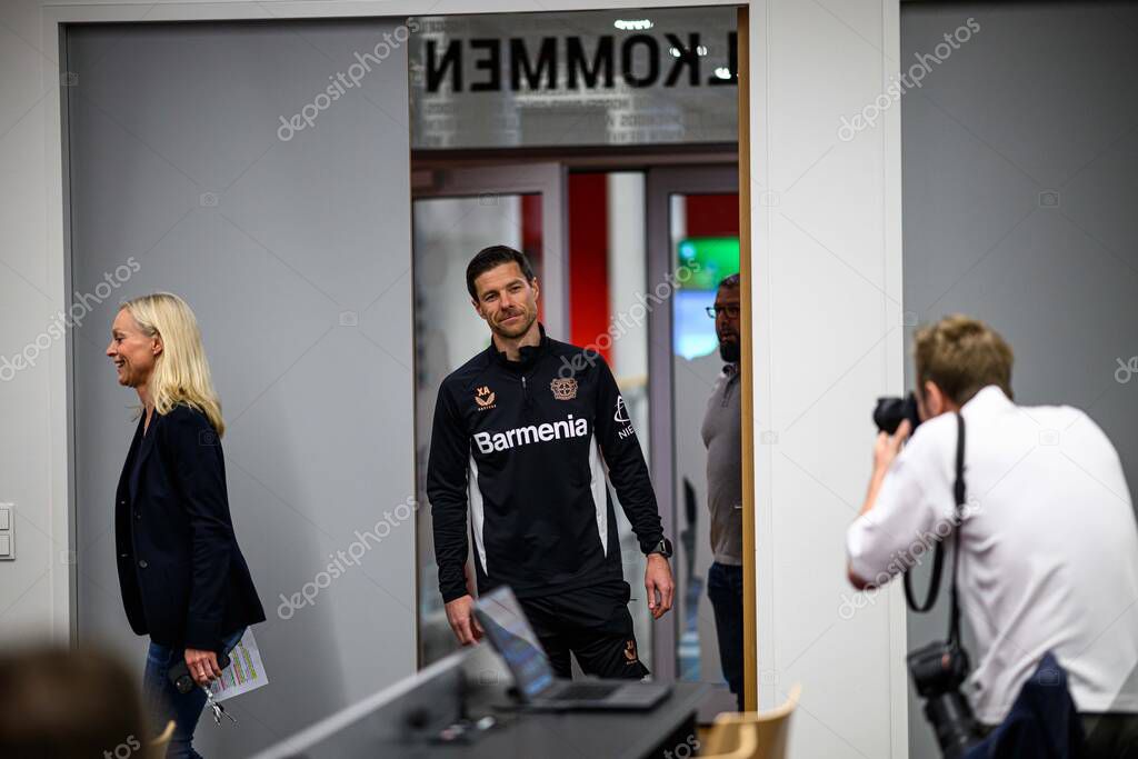 LEVERKUSEN, GERMANY - 9 MAY, 2025:  - Xabi Alonso. Press Conference. The Bundesliga match Bayer 04 Leverkusen vs Borusssia Dortmund at BayArena.