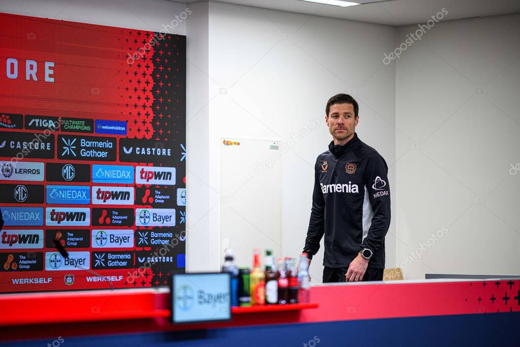 LEVERKUSEN, GERMANY - 9 MAY, 2025:  - Xabi Alonso. Press Conference. The Bundesliga match Bayer 04 Leverkusen vs Borusssia Dortmund at BayArena.