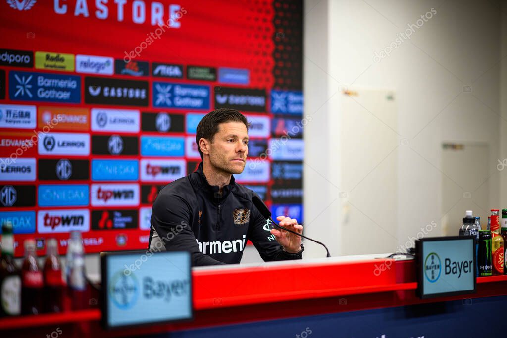 LEVERKUSEN, GERMANY - 9 MAY, 2025:  - Xabi Alonso. Press Conference. The Bundesliga match Bayer 04 Leverkusen vs Borusssia Dortmund at BayArena.