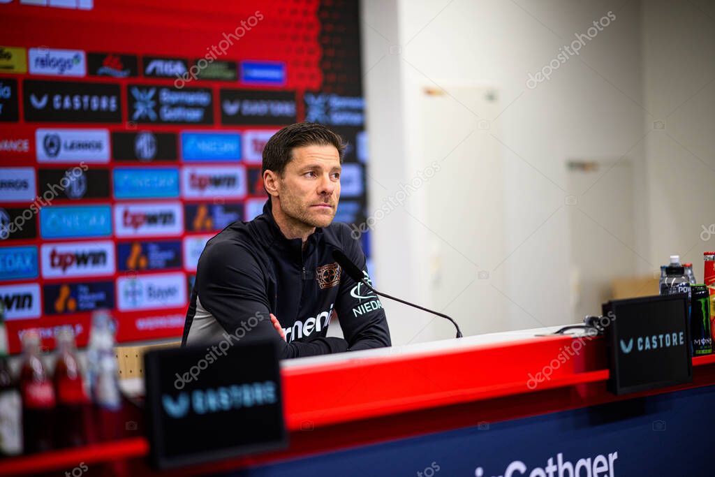 LEVERKUSEN, GERMANY - 9 MAY, 2025:  - Xabi Alonso. Press Conference. The Bundesliga match Bayer 04 Leverkusen vs Borusssia Dortmund at BayArena.