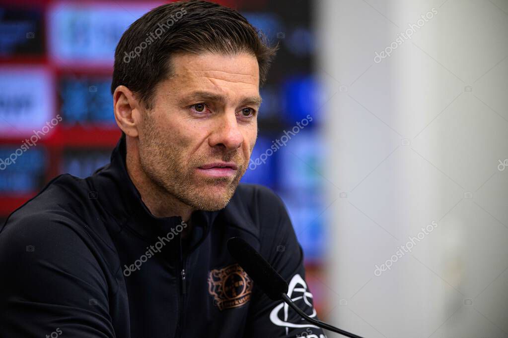 LEVERKUSEN, GERMANY - 9 MAY, 2025:  - Xabi Alonso. Press Conference. The Bundesliga match Bayer 04 Leverkusen vs Borusssia Dortmund at BayArena.