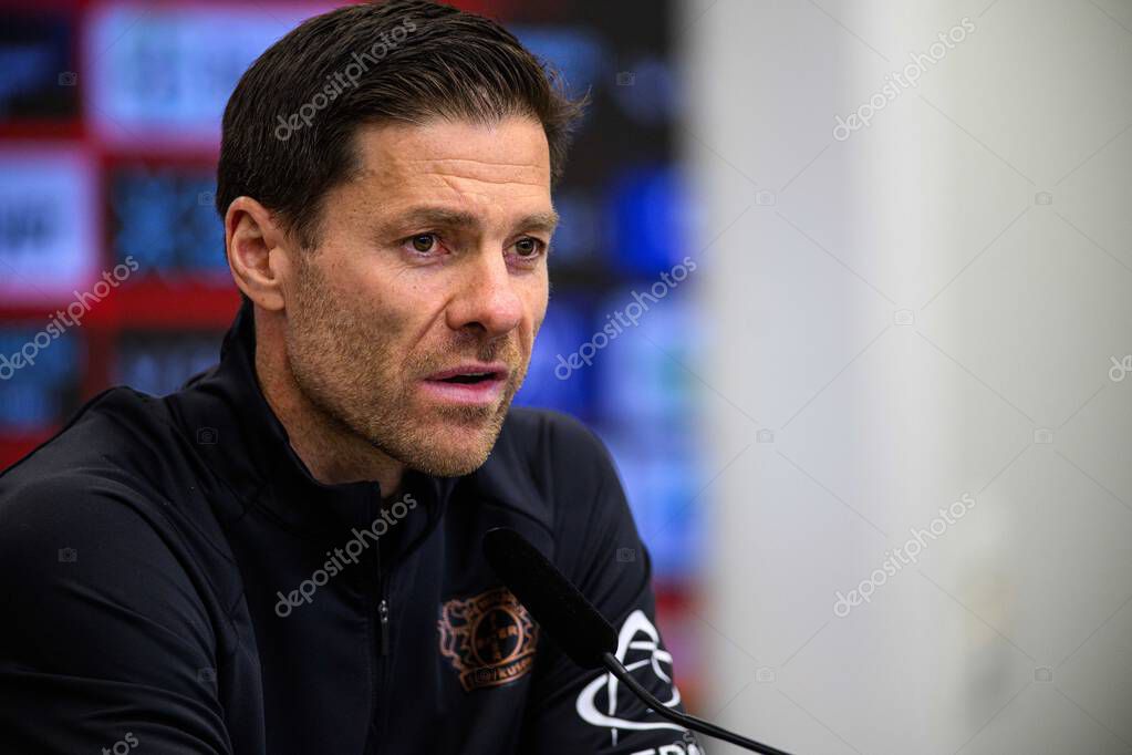 LEVERKUSEN, GERMANY - 9 MAY, 2025:  - Xabi Alonso. Press Conference. The Bundesliga match Bayer 04 Leverkusen vs Borusssia Dortmund at BayArena.