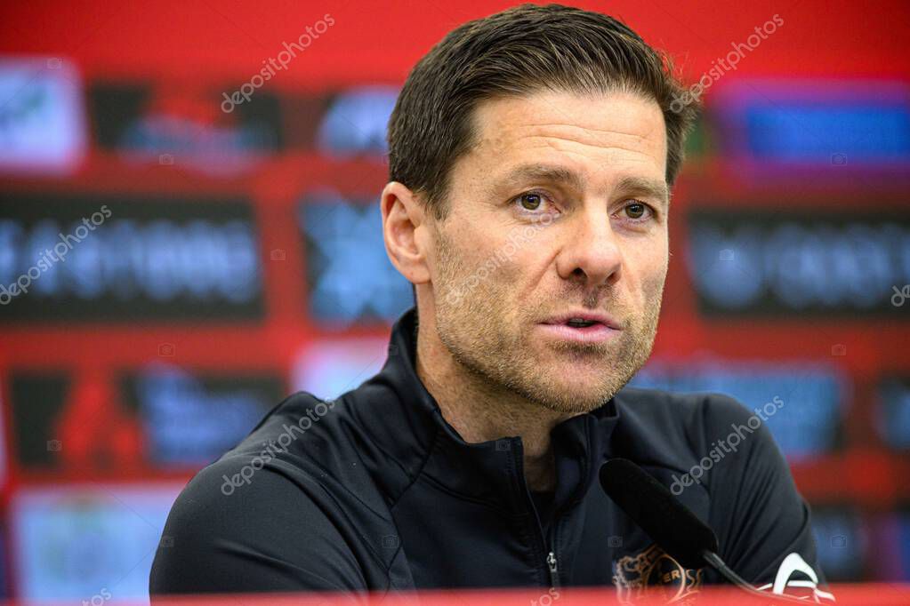 LEVERKUSEN, GERMANY - 9 MAY, 2025:  - Xabi Alonso. Press Conference. The Bundesliga match Bayer 04 Leverkusen vs Borusssia Dortmund at BayArena.