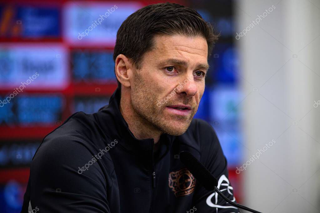 LEVERKUSEN, GERMANY - 9 MAY, 2025:  - Xabi Alonso. Press Conference. The Bundesliga match Bayer 04 Leverkusen vs Borusssia Dortmund at BayArena.