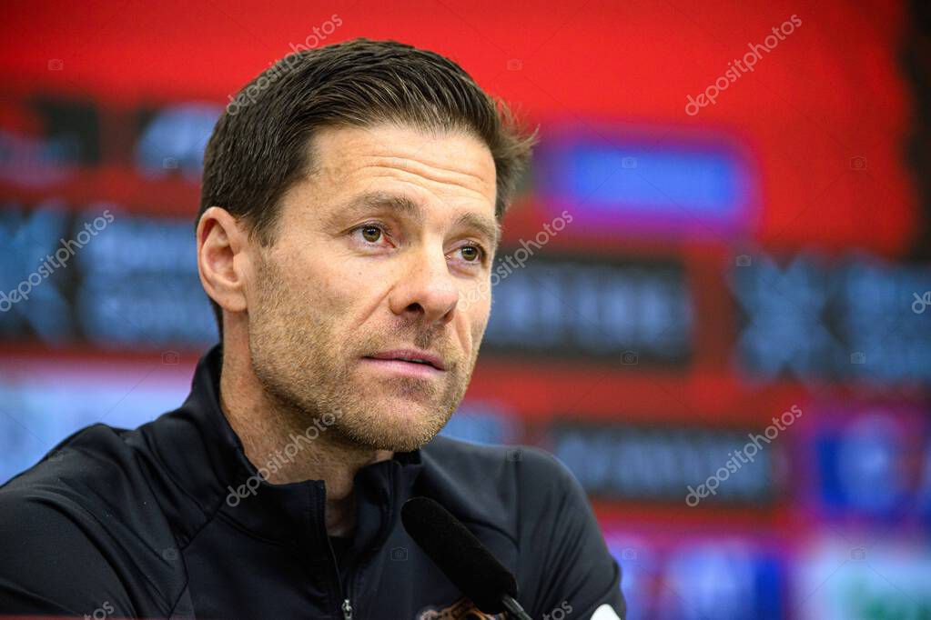 LEVERKUSEN, GERMANY - 9 MAY, 2025:  - Xabi Alonso. Press Conference. The Bundesliga match Bayer 04 Leverkusen vs Borusssia Dortmund at BayArena.