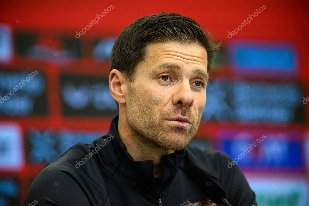 LEVERKUSEN, GERMANY - 9 MAY, 2025:  - Xabi Alonso. Press Conference. The Bundesliga match Bayer 04 Leverkusen vs Borusssia Dortmund at BayArena.
