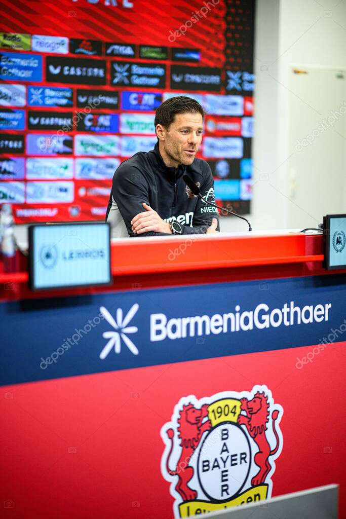 LEVERKUSEN, GERMANY - 9 MAY, 2025:  - Xabi Alonso. Press Conference. The Bundesliga match Bayer 04 Leverkusen vs Borusssia Dortmund at BayArena.