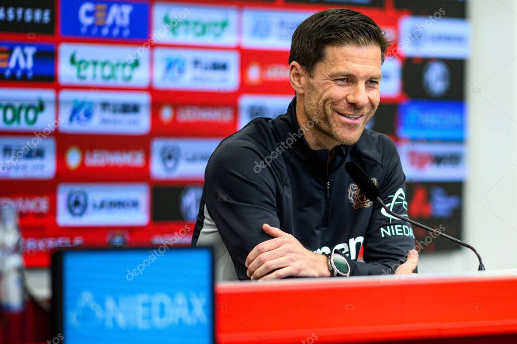 LEVERKUSEN, GERMANY - 9 MAY, 2025:  - Xabi Alonso. Press Conference. The Bundesliga match Bayer 04 Leverkusen vs Borusssia Dortmund at BayArena.