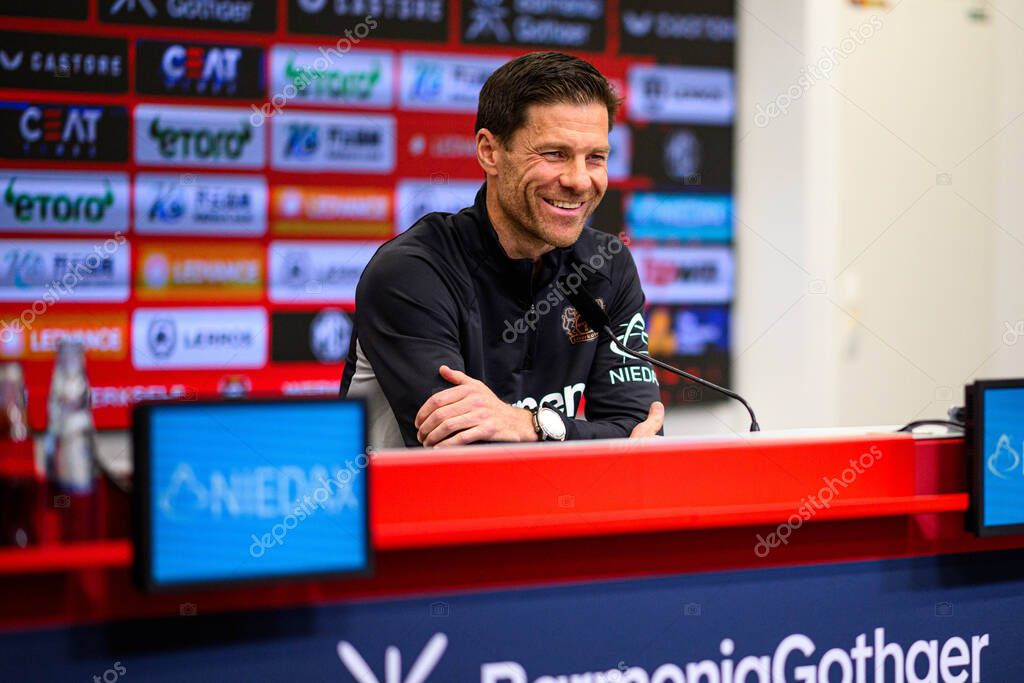 LEVERKUSEN, GERMANY - 9 MAY, 2025:  - Xabi Alonso. Press Conference. The Bundesliga match Bayer 04 Leverkusen vs Borusssia Dortmund at BayArena.