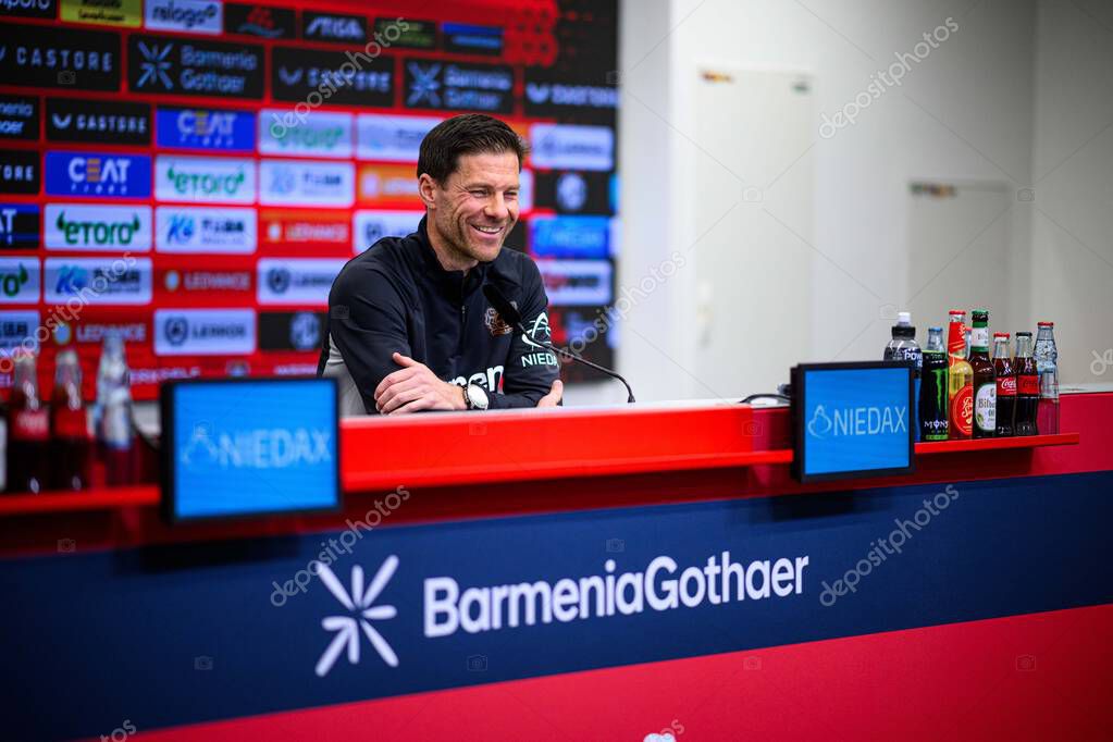 LEVERKUSEN, GERMANY - 9 MAY, 2025:  - Xabi Alonso. Press Conference. The Bundesliga match Bayer 04 Leverkusen vs Borusssia Dortmund at BayArena.