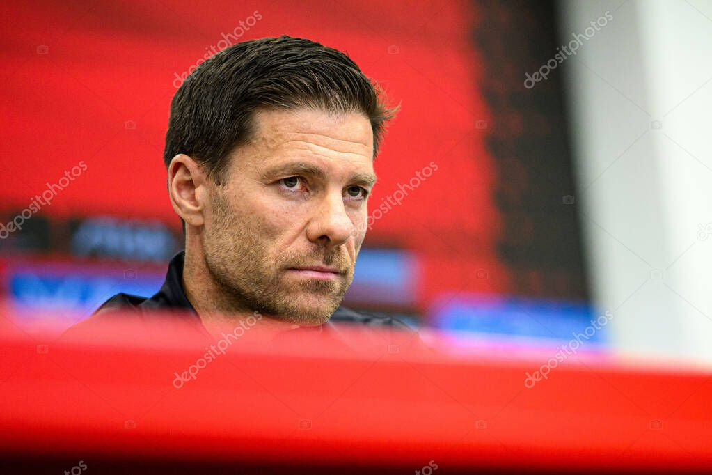 LEVERKUSEN, GERMANY - 9 MAY, 2025:  - Xabi Alonso. Press Conference. The Bundesliga match Bayer 04 Leverkusen vs Borusssia Dortmund at BayArena.