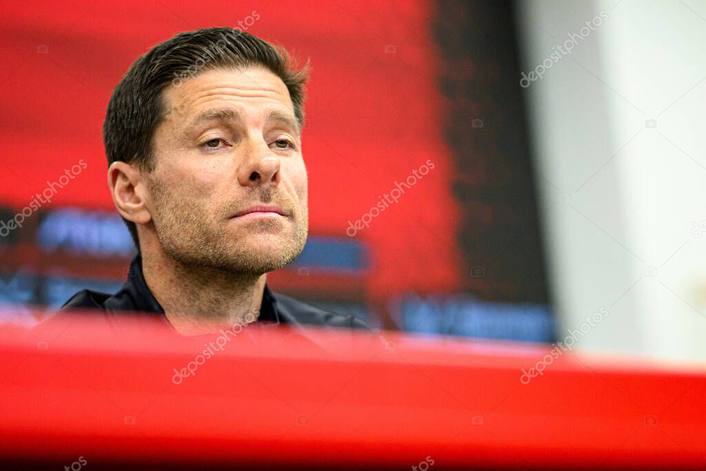 LEVERKUSEN, GERMANY - 9 MAY, 2025:  - Xabi Alonso. Press Conference. The Bundesliga match Bayer 04 Leverkusen vs Borusssia Dortmund at BayArena.