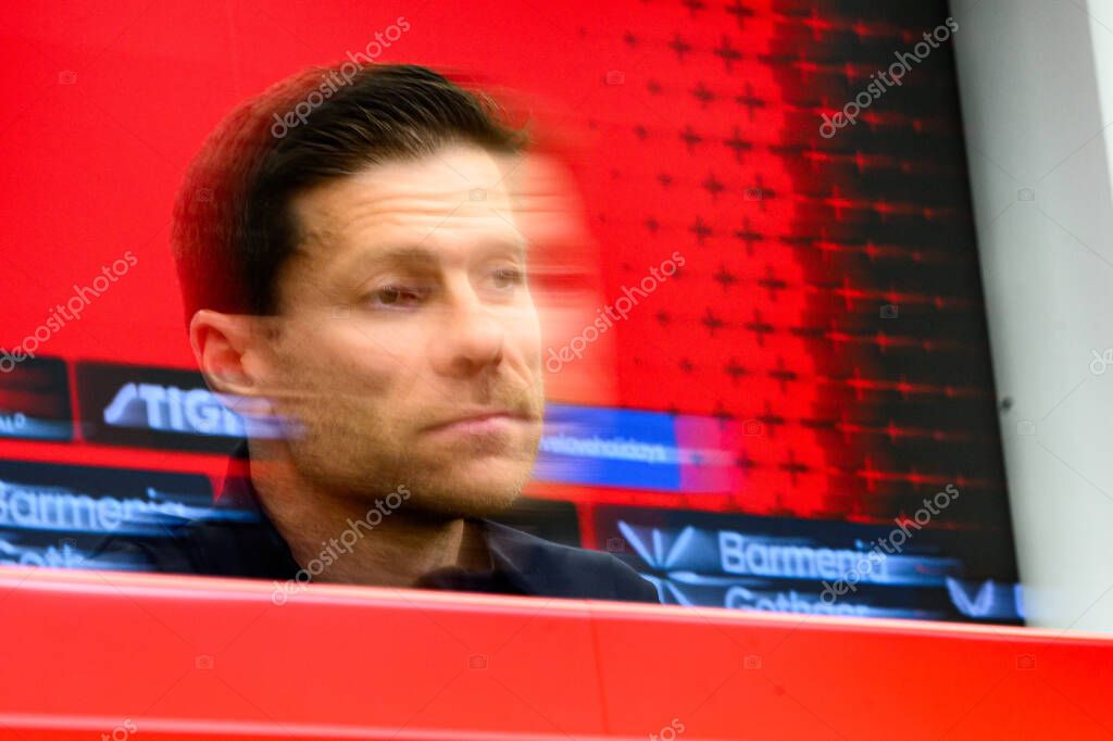 LEVERKUSEN, GERMANY - 9 MAY, 2025:  - Xabi Alonso. Press Conference. The Bundesliga match Bayer 04 Leverkusen vs Borusssia Dortmund at BayArena.