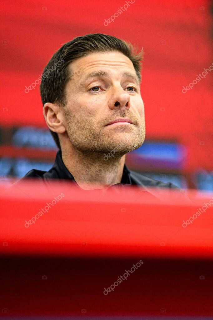 LEVERKUSEN, GERMANY - 9 MAY, 2025:  - Xabi Alonso. Press Conference. The Bundesliga match Bayer 04 Leverkusen vs Borusssia Dortmund at BayArena.