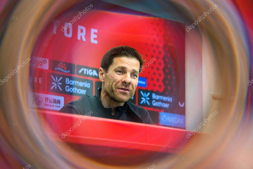 LEVERKUSEN, GERMANY - 9 MAY, 2025:  - Xabi Alonso. Press Conference. The Bundesliga match Bayer 04 Leverkusen vs Borusssia Dortmund at BayArena.