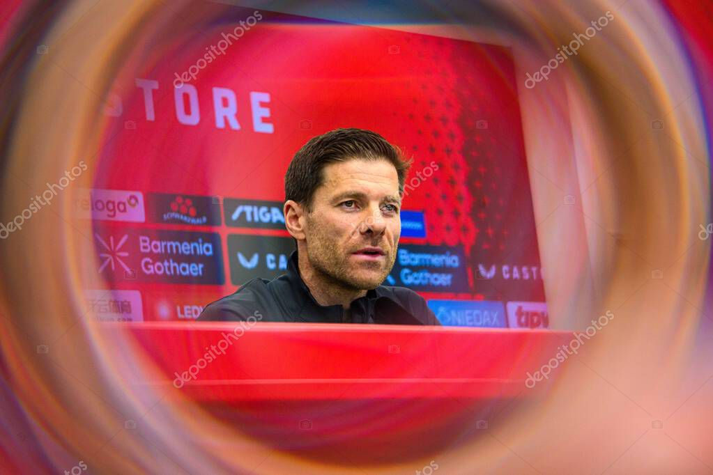 LEVERKUSEN, GERMANY - 9 MAY, 2025:  - Xabi Alonso. Press Conference. The Bundesliga match Bayer 04 Leverkusen vs Borusssia Dortmund at BayArena.