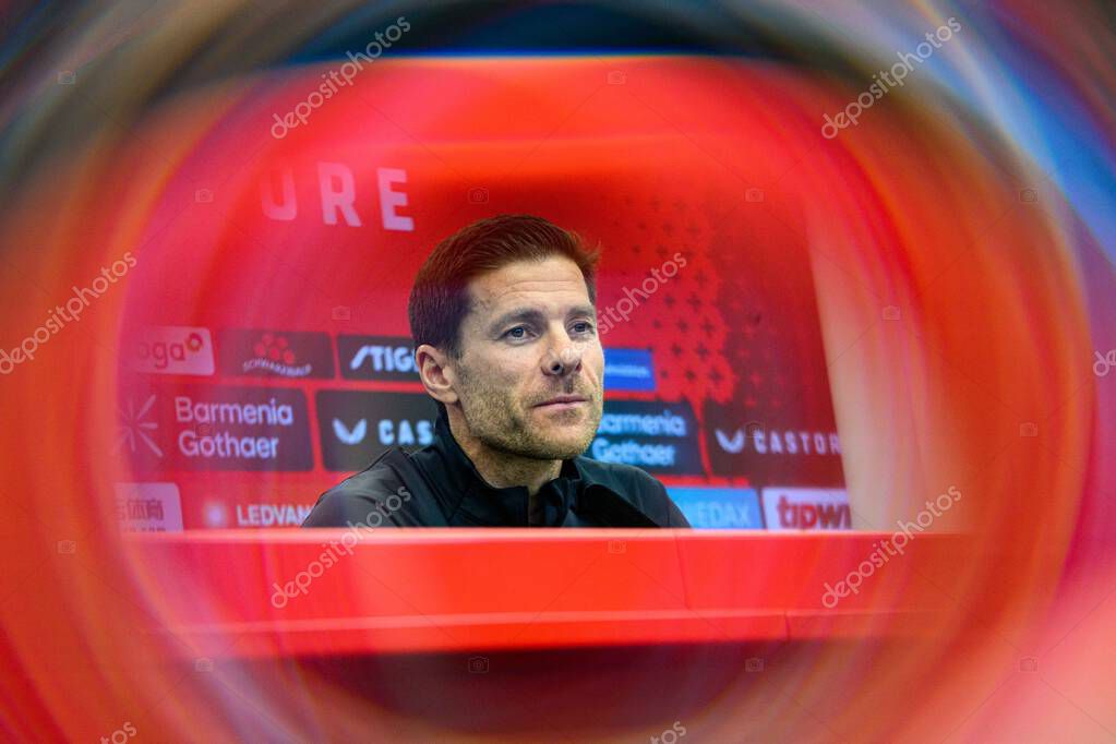 LEVERKUSEN, GERMANY - 9 MAY, 2025:  - Xabi Alonso. Press Conference. The Bundesliga match Bayer 04 Leverkusen vs Borusssia Dortmund at BayArena.