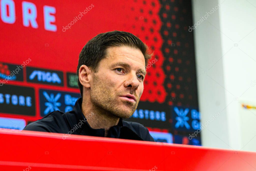 LEVERKUSEN, GERMANY - 9 MAY, 2025:  - Xabi Alonso. Press Conference. The Bundesliga match Bayer 04 Leverkusen vs Borusssia Dortmund at BayArena.