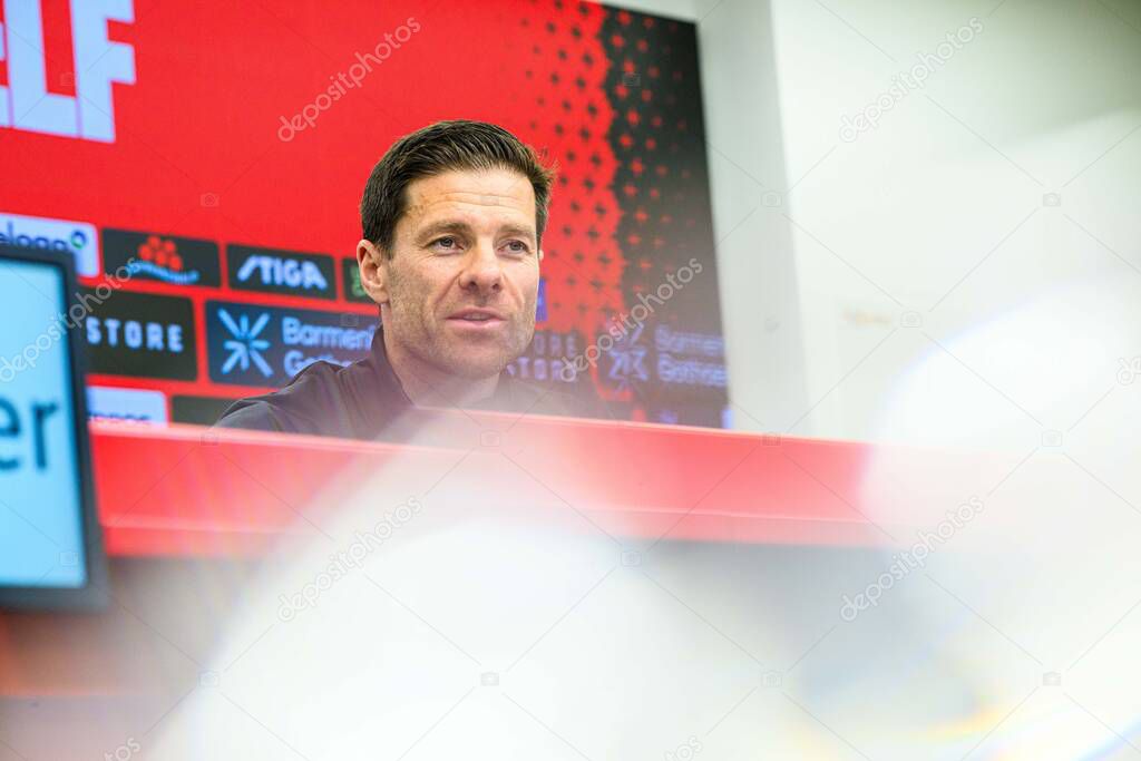 LEVERKUSEN, GERMANY - 9 MAY, 2025:  - Xabi Alonso. Press Conference. The Bundesliga match Bayer 04 Leverkusen vs Borusssia Dortmund at BayArena.